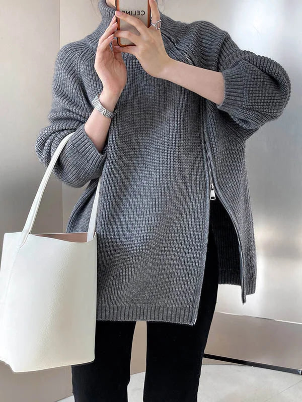 Vrouwen Zipper Hoge Hals Trui met Lange Mouwen en Loose Fit