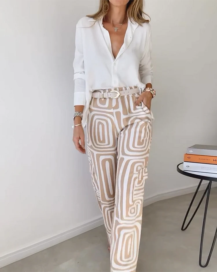 Andrea - Tweedelige set met reversoverhemd met lange mouwen en print, zonder riem