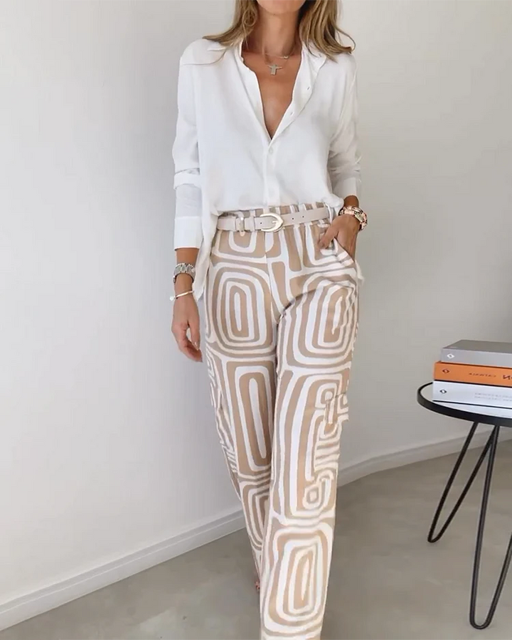 Andrea - Tweedelige set met reversoverhemd met lange mouwen en print, zonder riem