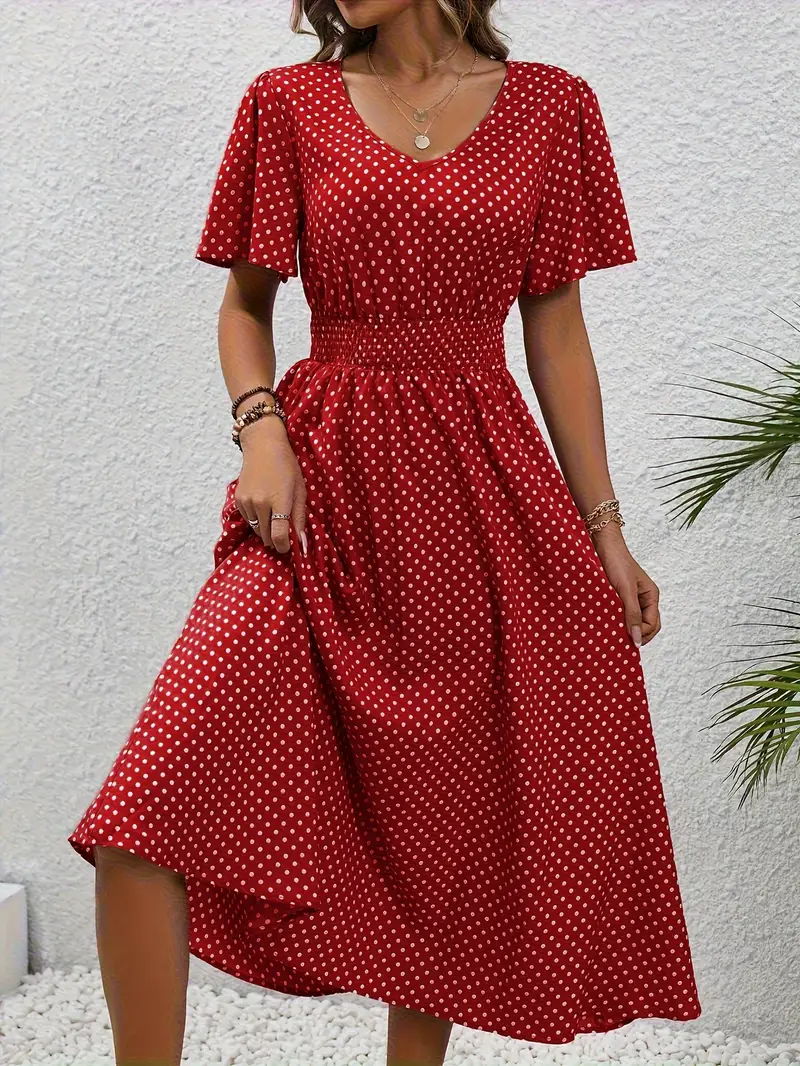Carolina - Allover Print Shirred Waist Dress, Casual Jurk met Korte Mouwen