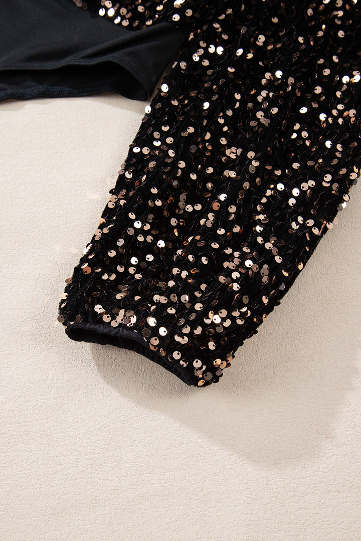 Elegante body met diepe V-hals, glinsterende accenten en pofmouwen
