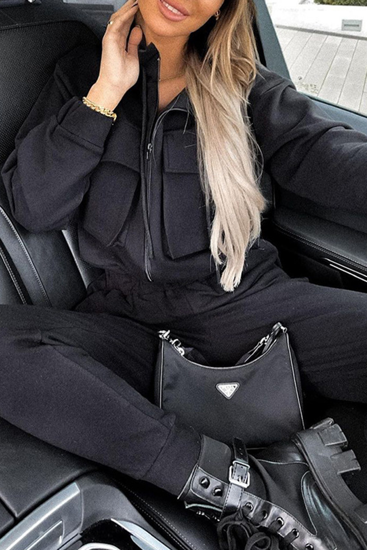 Nonchalant Tweedelig Outfit met Ritskraag en Lange Mouwen