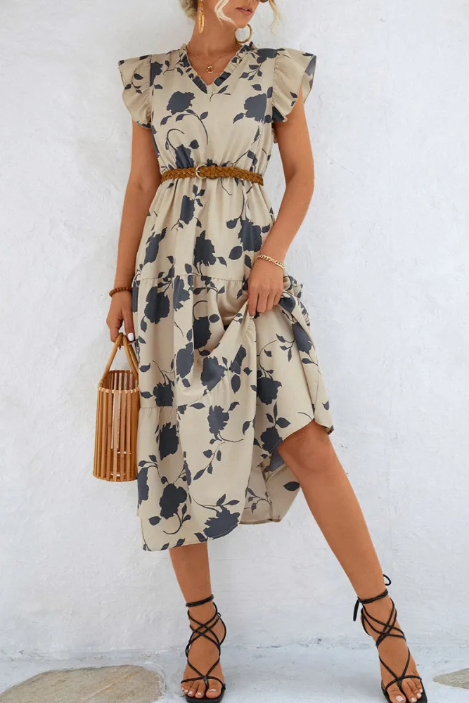 Mia - Floral V Neck Beach Ruffle "Sleeve Midi Dress"