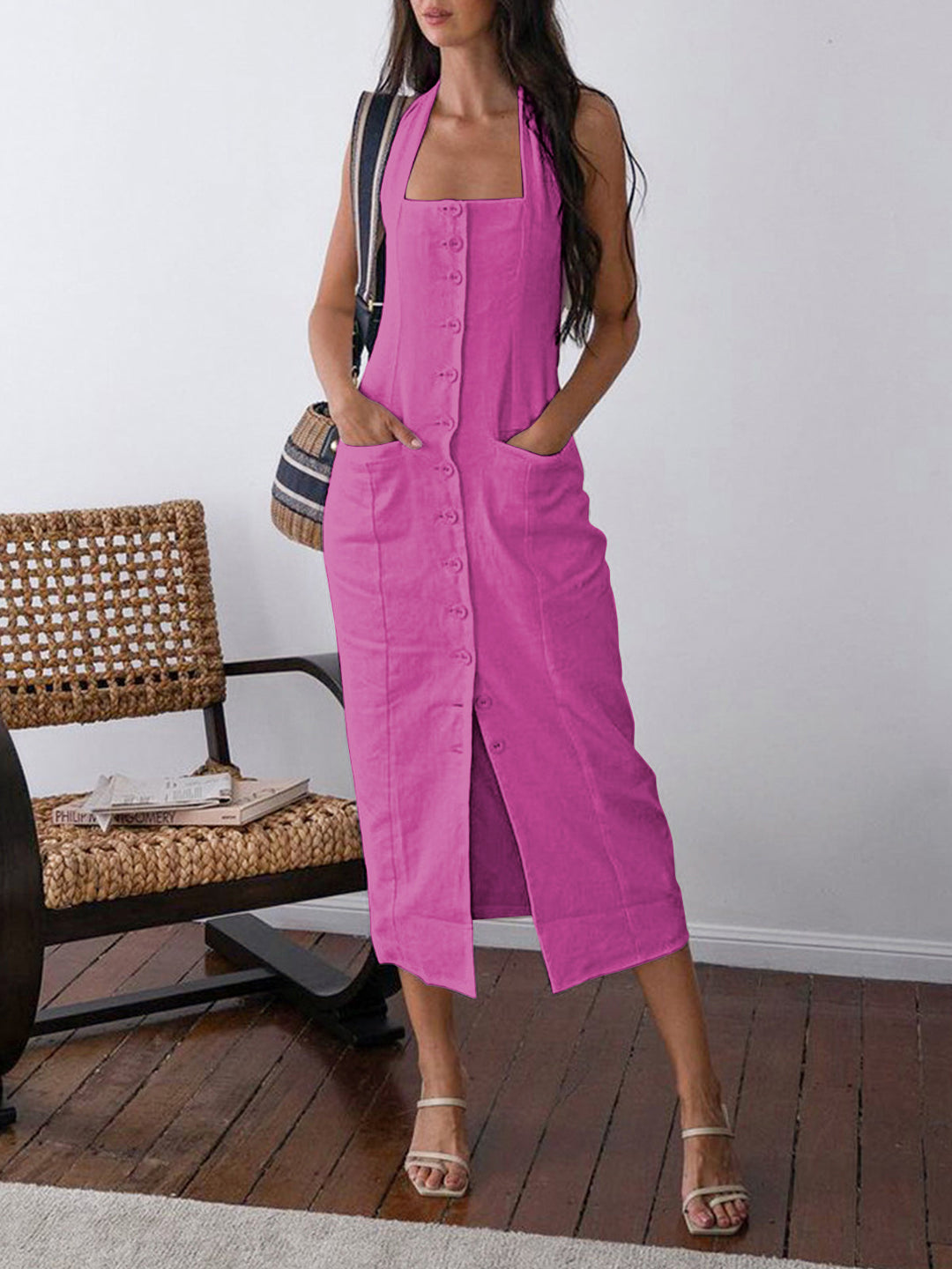 Tatiana - Gebonden Halter Open Rug Katoen Linnen "Midi Dress"