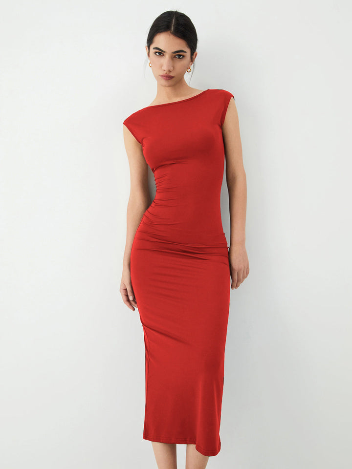Elegante midi-jurk met open rug en korte mouwen