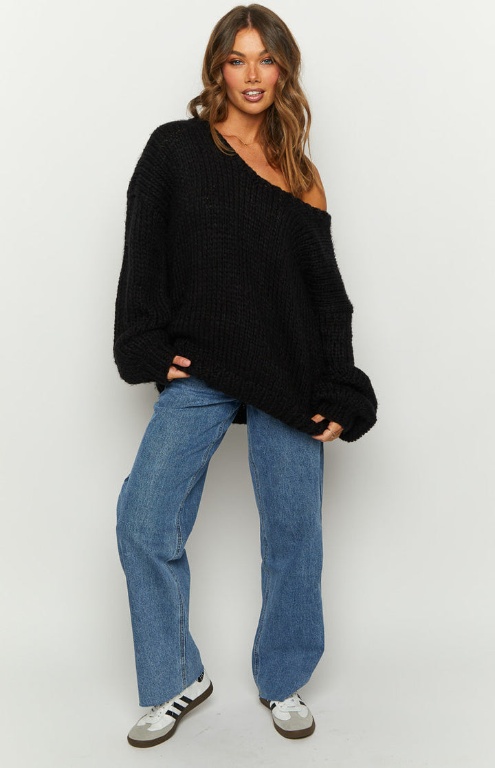 Zwarte Chunky Brei Trui - Gezellige Breikleding voor Stijlvolle Outfits