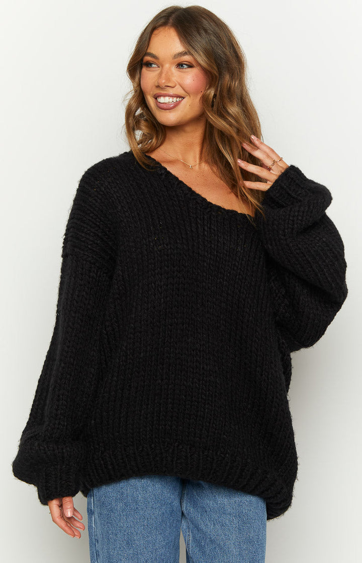 Zwarte Chunky Brei Trui - Gezellige Breikleding voor Stijlvolle Outfits