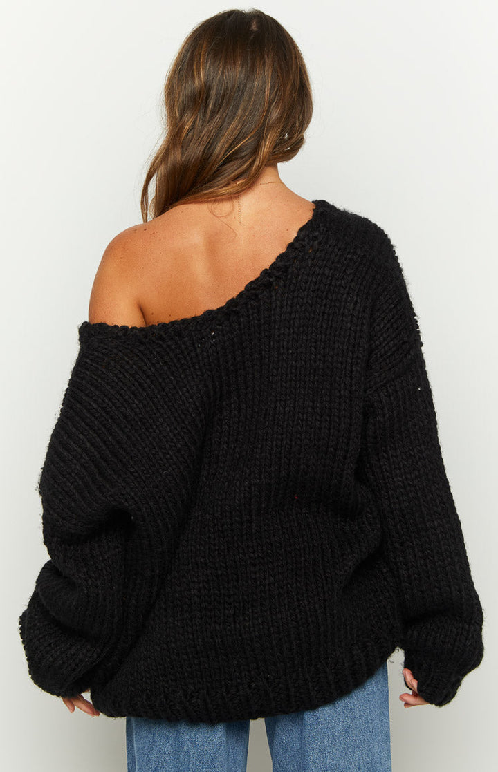 Zwarte Chunky Brei Trui - Gezellige Breikleding voor Stijlvolle Outfits