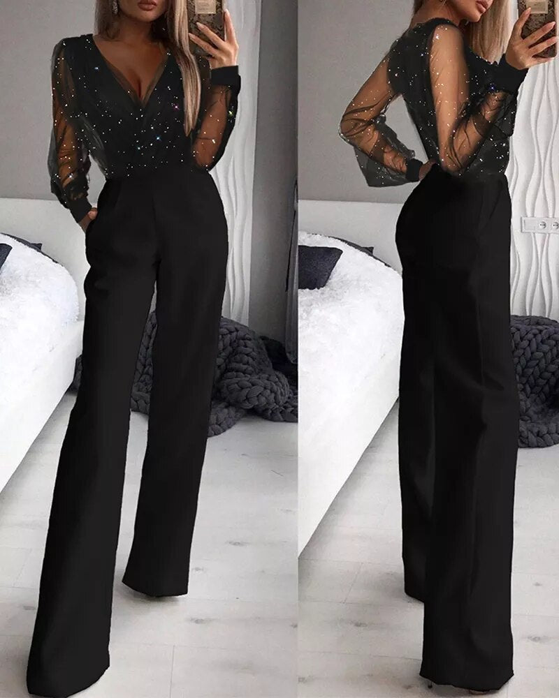 Stijlvolle dames jumpsuit met diepe halslijn en glinsterende accenten, wijde broekspijpen