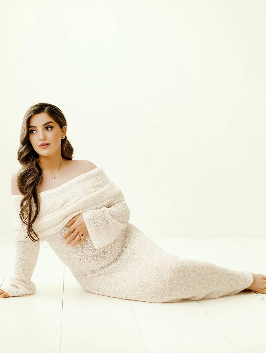 Elegante zwangerschapsjurk met off-shoulder ontwerp en lange mouwen voor een stijlvolle uitstraling