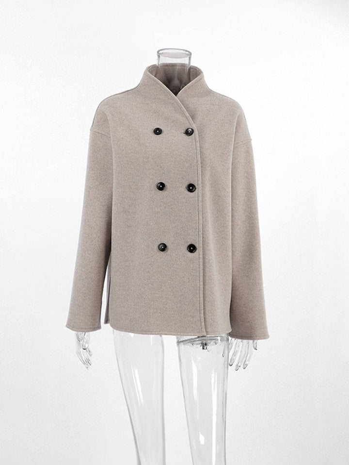 Elegante damesjas met dubbele rij knopen, hoge kraag en V-hals, vintage ontwerp voor dagelijks gebruik