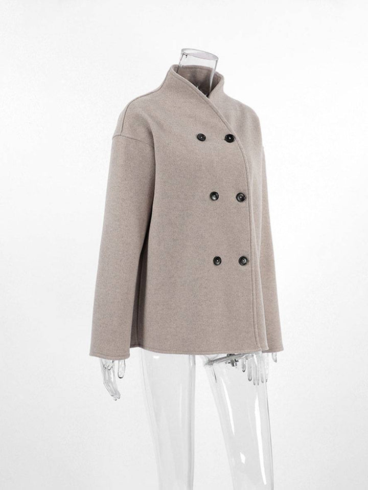 Elegante damesjas met dubbele rij knopen, hoge kraag en V-hals, vintage ontwerp voor dagelijks gebruik
