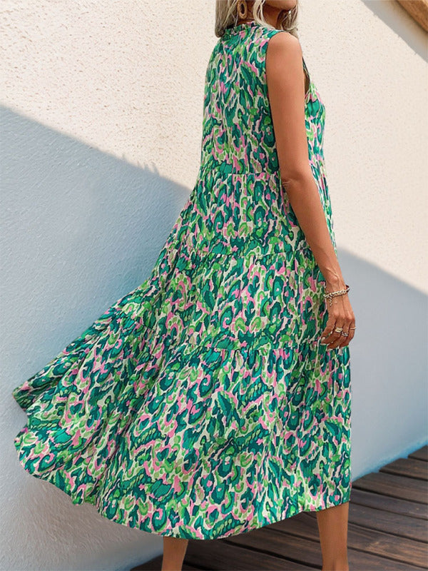 Camila - Blauw-Groene Abstracte Print A-Line Midi Dress voor Zomerfestivals