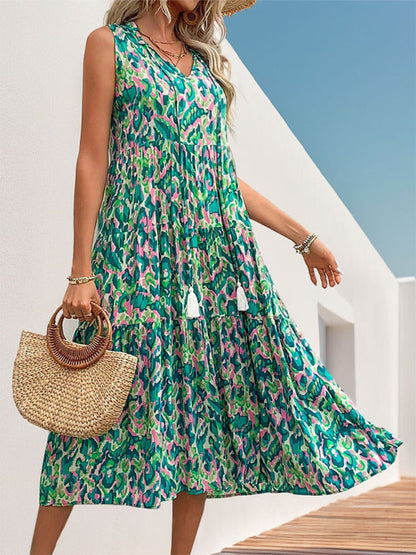 Camila - Blauw-Groene Abstracte Print A-Line Midi Dress voor Zomerfestivals