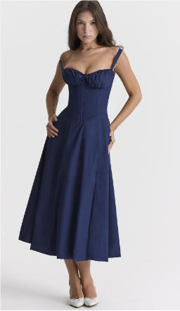 Chique Strapless Midi-Jurk met Hoge Taille in Diep Marineblauw