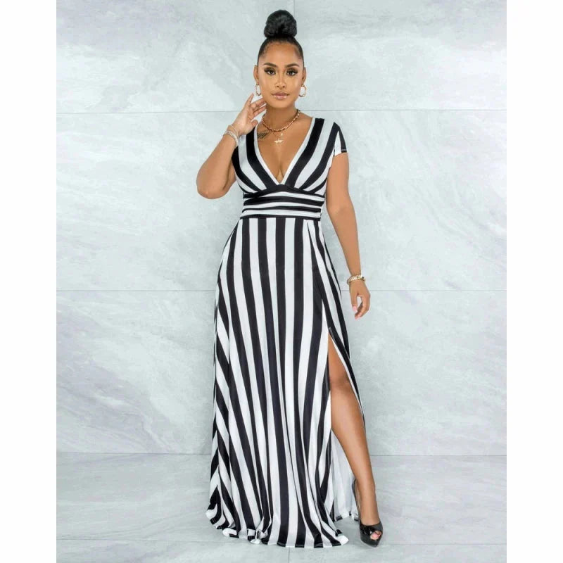 Rosa Cobb gestreepte jurk met hoge taille