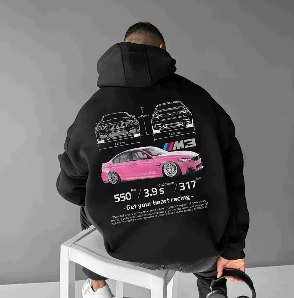 Stijlvolle herenhoodie met autodessin, geschikt voor een moderne uitstraling