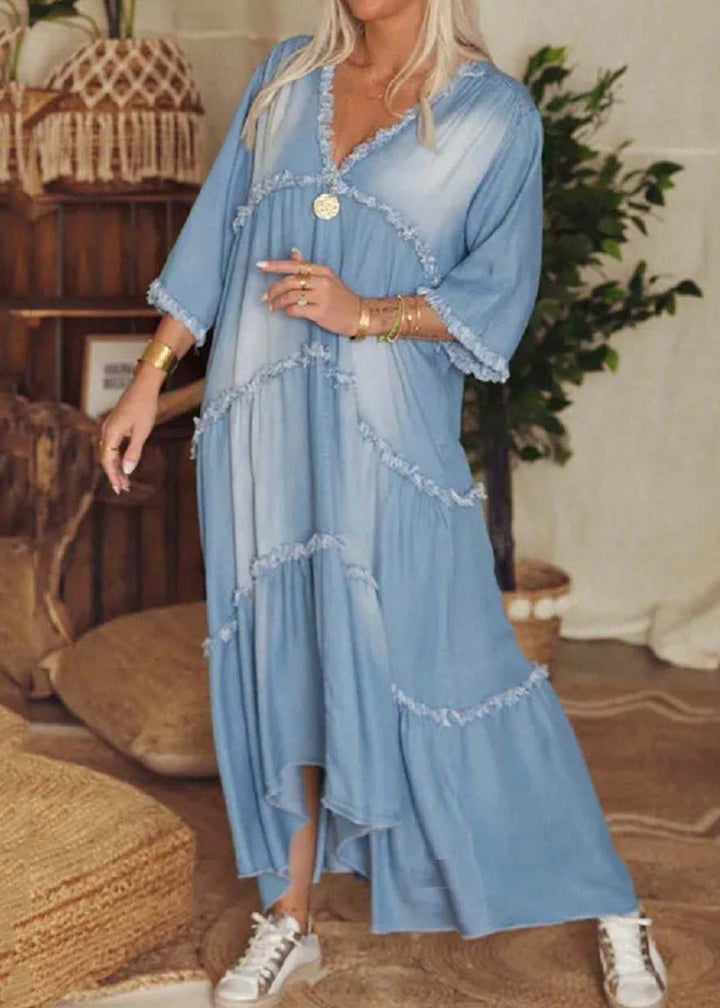 Yanira - Elegante V-hals Denim Lange Jurk met Halve Mouwen