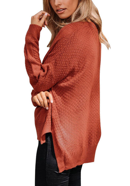 Roodbruin Dames Sweater met Textuur en Zijsplitten