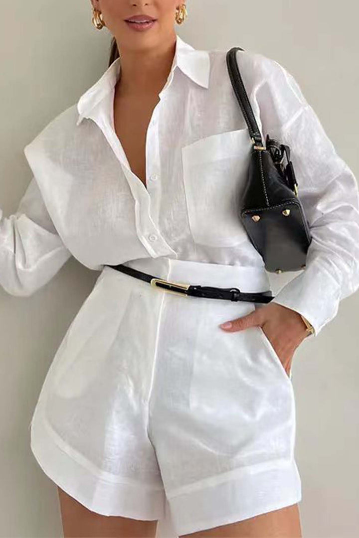Olivia - Effen korte broek shirt set met lange mouwen