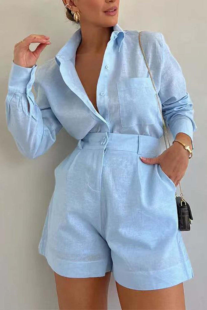 Olivia - Effen korte broek shirt set met lange mouwen