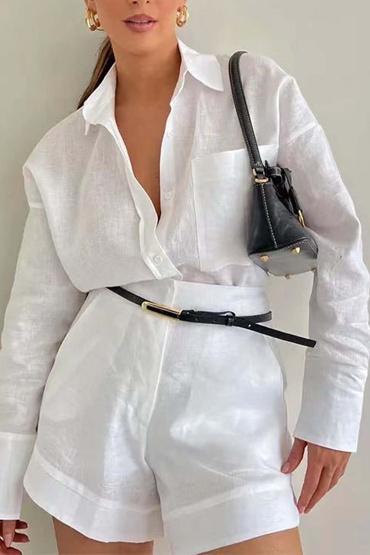 Olivia - Effen korte broek shirt set met lange mouwen