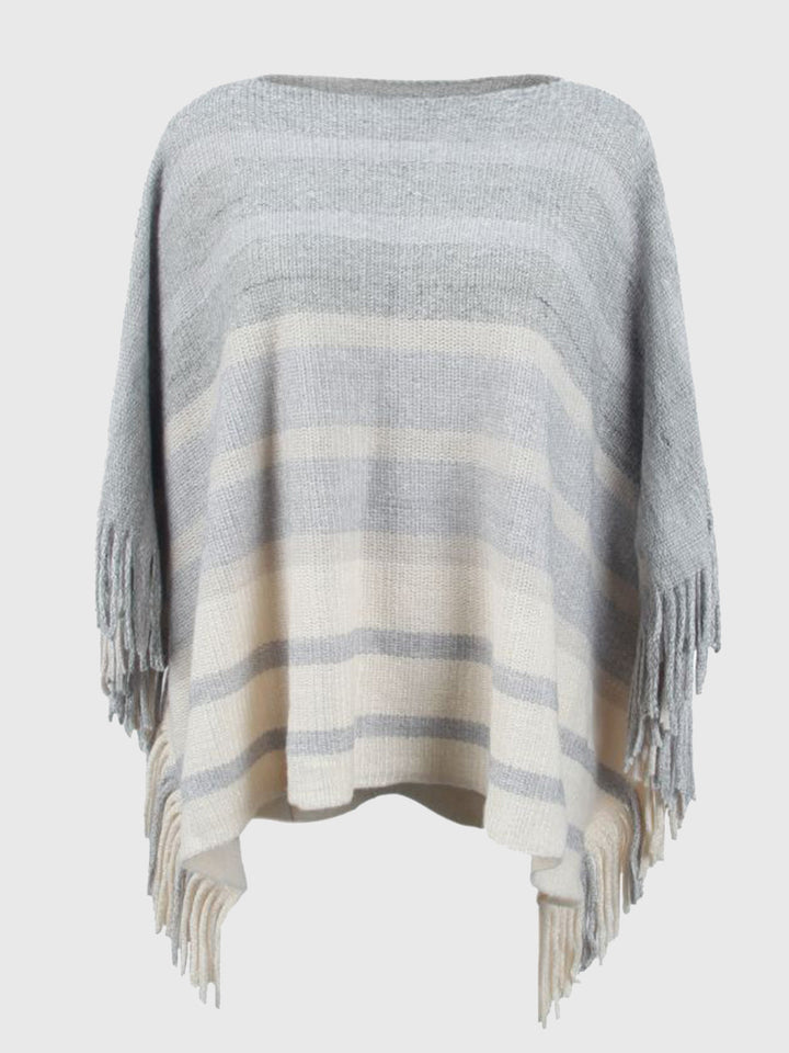 Gestreepte Poncho met Boothals en Franjes - Modieus en Comfortabel