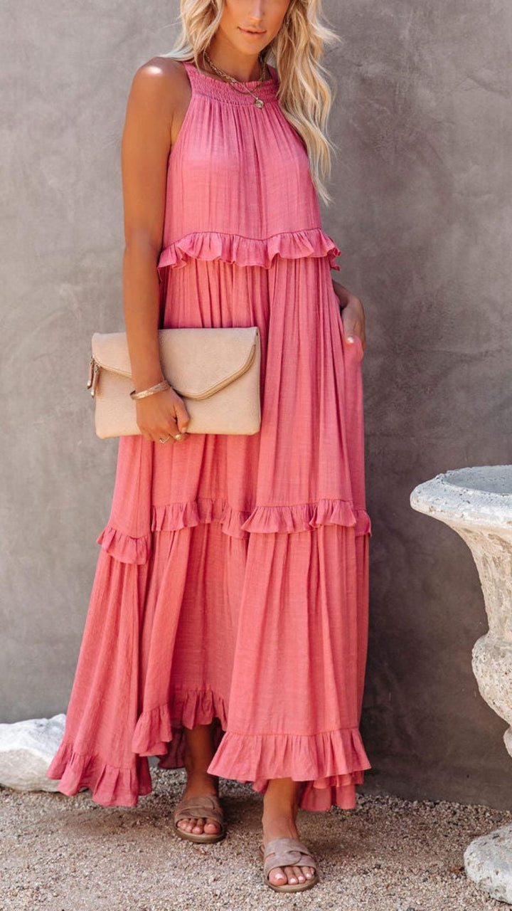 Lucia - Effen Halterhals met ruches Maxi Dress
