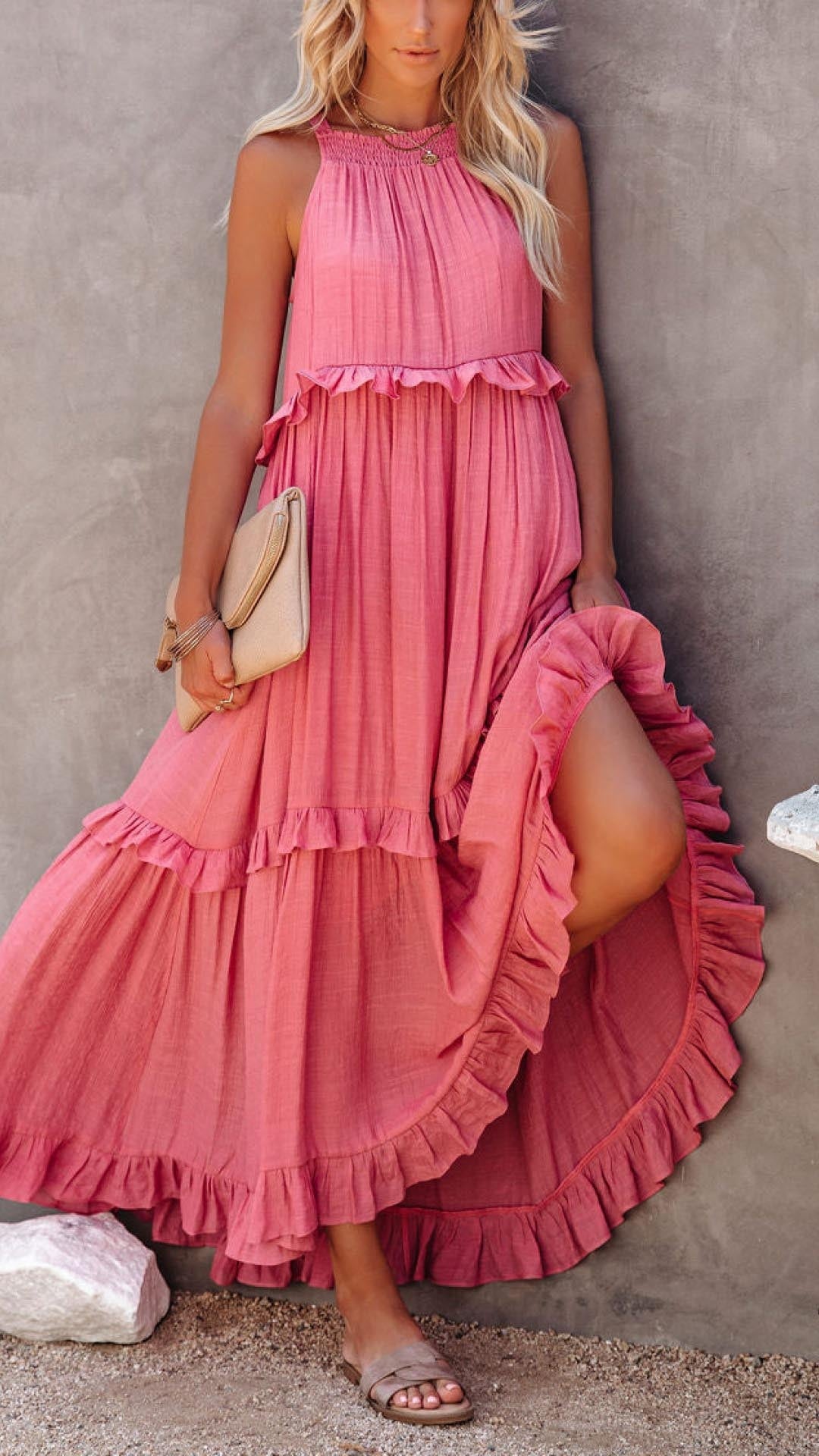 Lucia - Effen Halterhals met ruches Maxi Dress