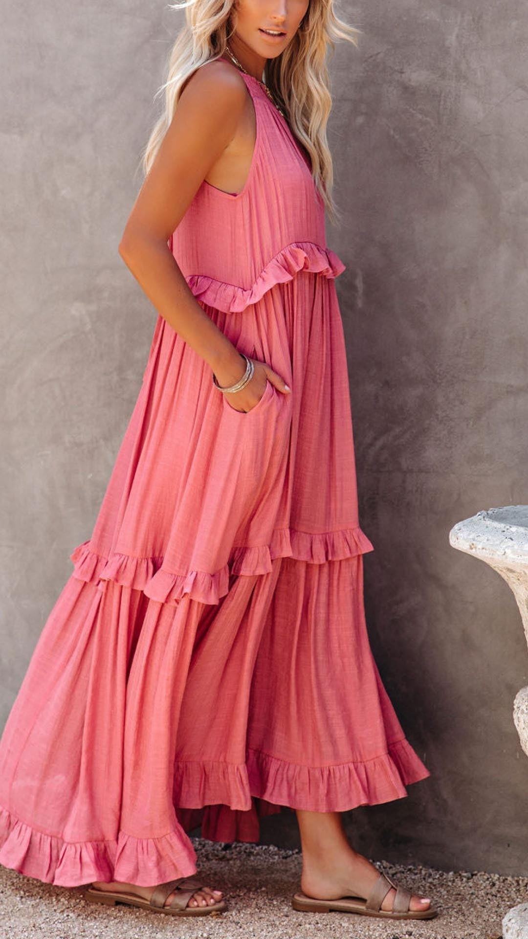 Lucia - Effen Halterhals met ruches Maxi Dress