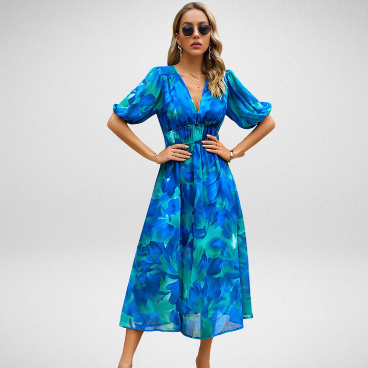 Midi jurk met geometrisch patroon en korte lanternmouwen