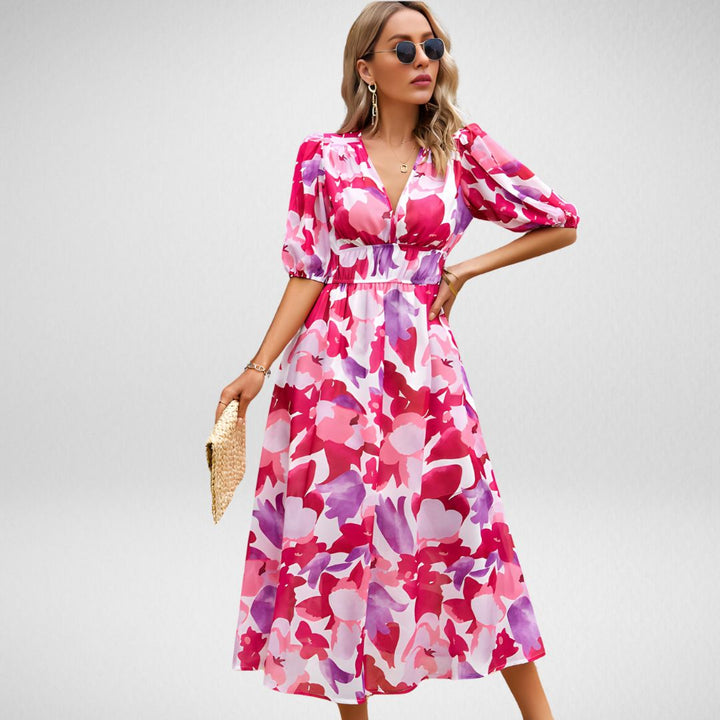 Midi jurk met geometrisch patroon en korte lanternmouwen