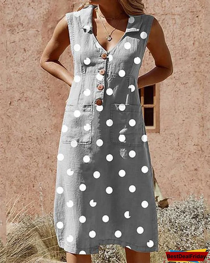 Daniela Vrouwen Plus Size Knoopsluiting Polka Dot Pocket Elegante Jurk