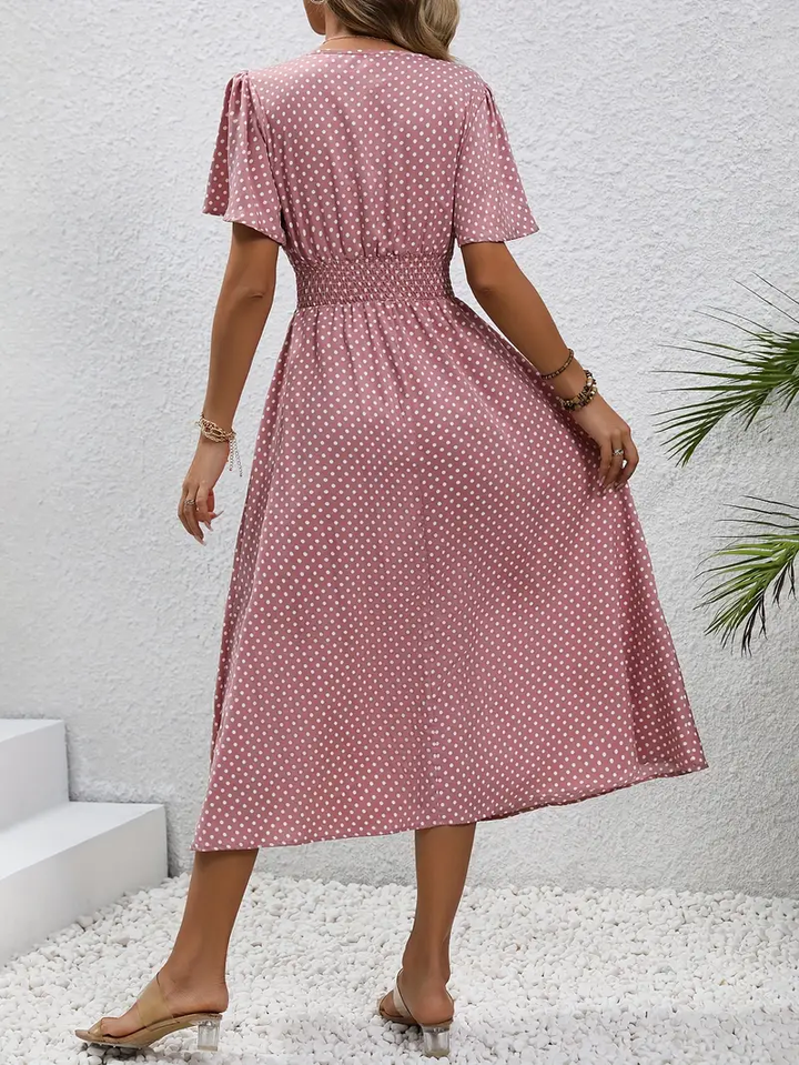 Carolina - Allover Print Shirred Waist Dress, Casual Jurk met Korte Mouwen
