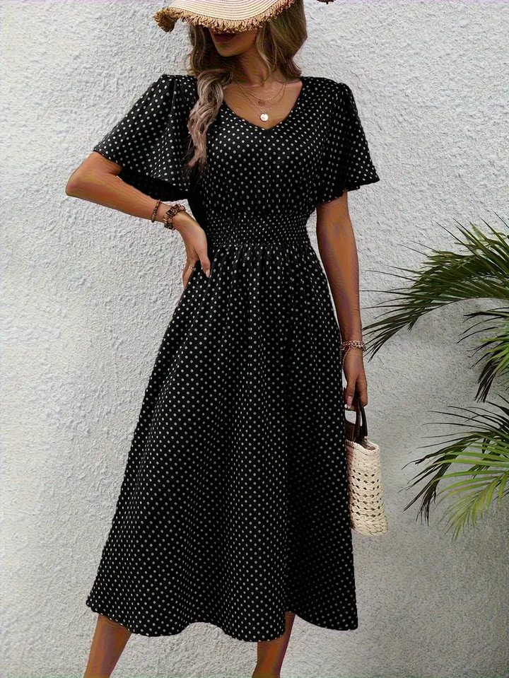 Carolina - Allover Print Shirred Waist Dress, Casual Jurk met Korte Mouwen