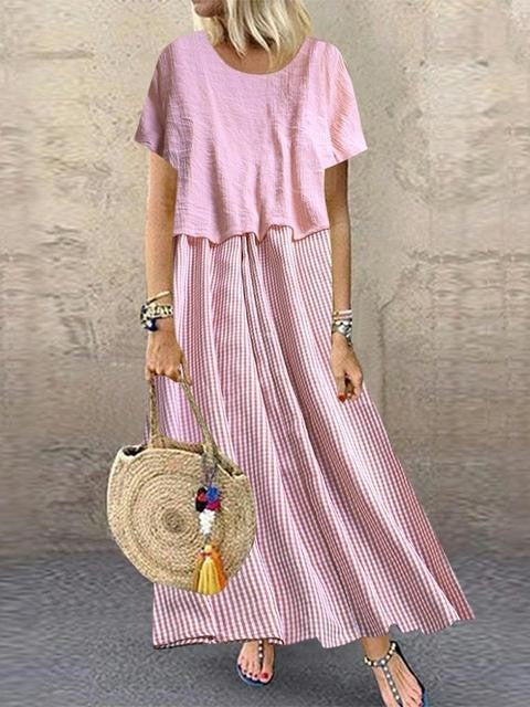 Sheyla - Korte Mouw Ronde Hals Ruit Casual Zomer Tweedelige Maxi Dress