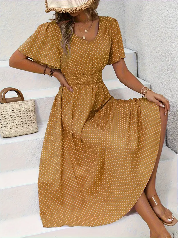 Carolina - Allover Print Shirred Waist Dress, Casual Jurk met Korte Mouwen