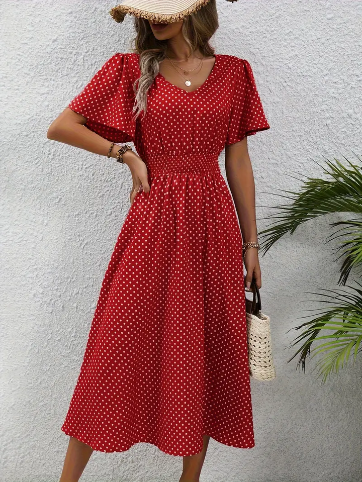 Carolina - Allover Print Shirred Waist Dress, Casual Jurk met Korte Mouwen