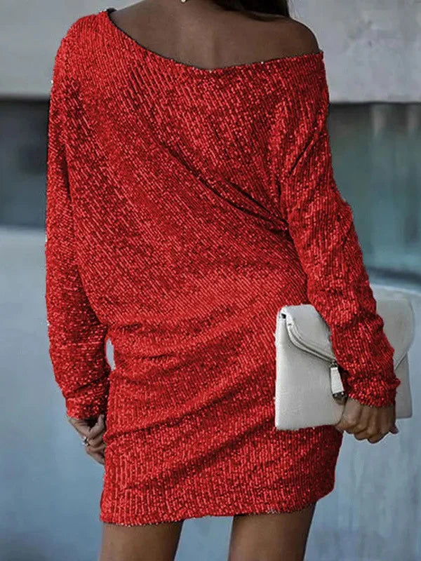 Asymmetrische one-shoulder mini-jurk met pailletten en een losse A-lijn snit