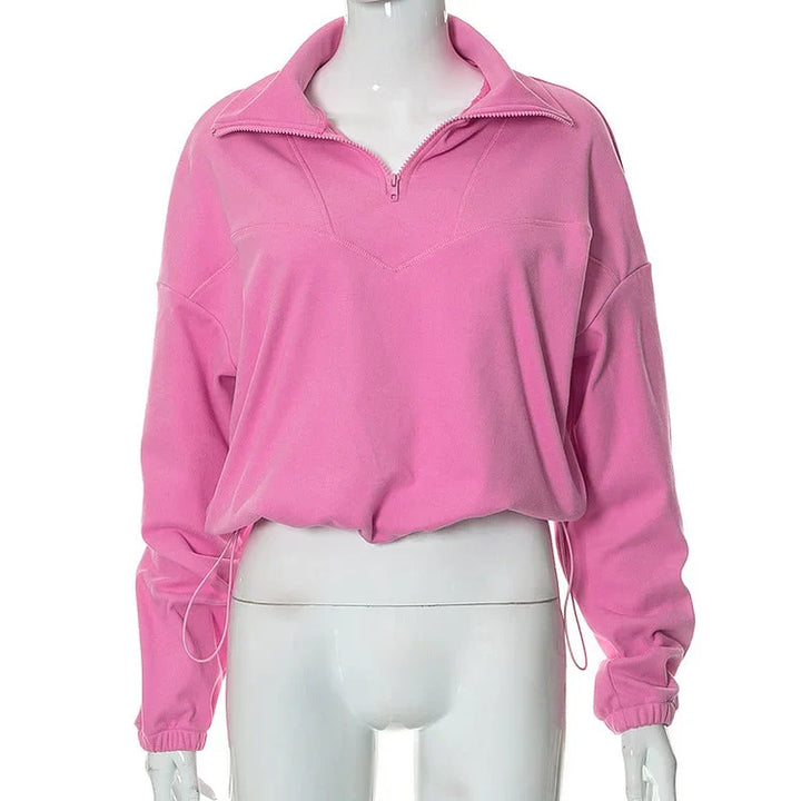 Dames Pullover met Ritskraag en Verstelbare Taille, Lange Mouwen in Effen Kleur