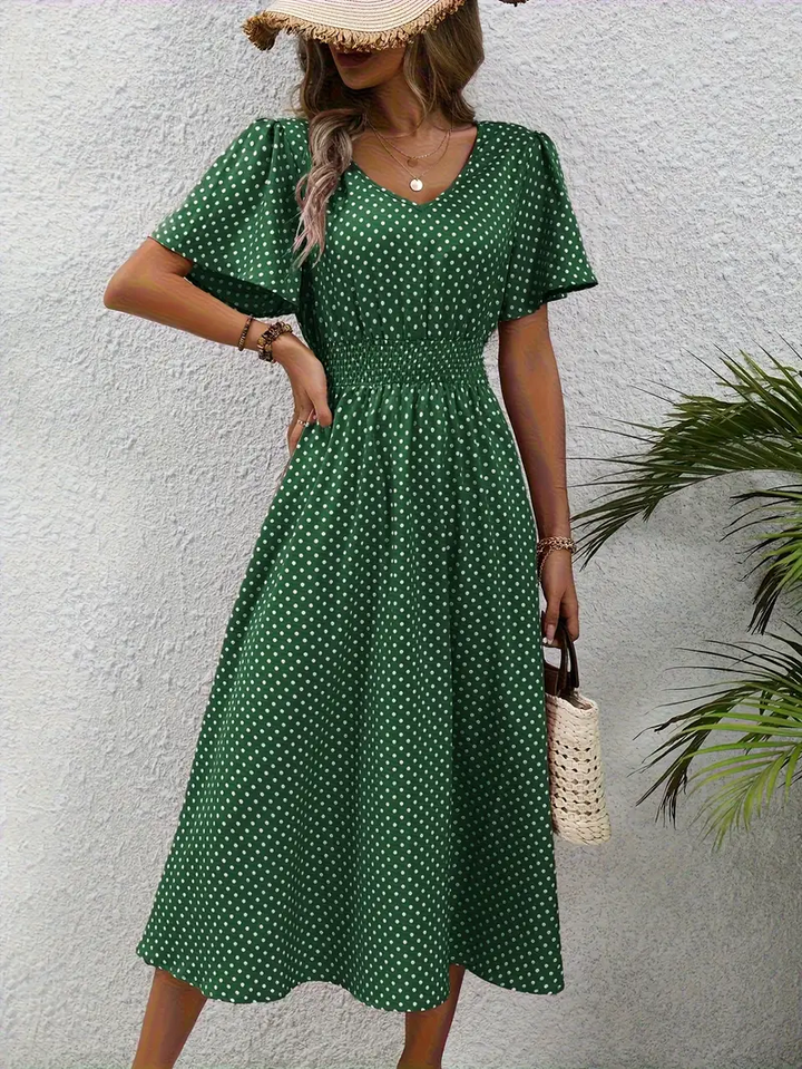 Carolina - Allover Print Shirred Waist Dress, Casual Jurk met Korte Mouwen