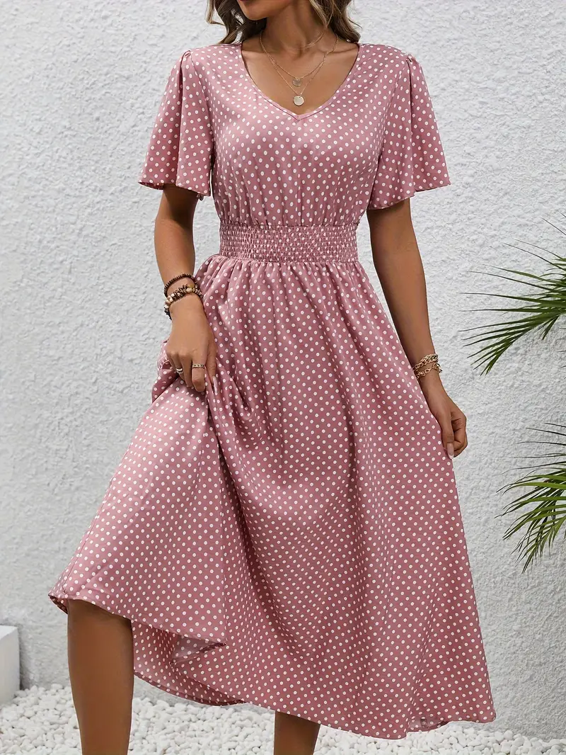 Carolina - Allover Print Shirred Waist Dress, Casual Jurk met Korte Mouwen