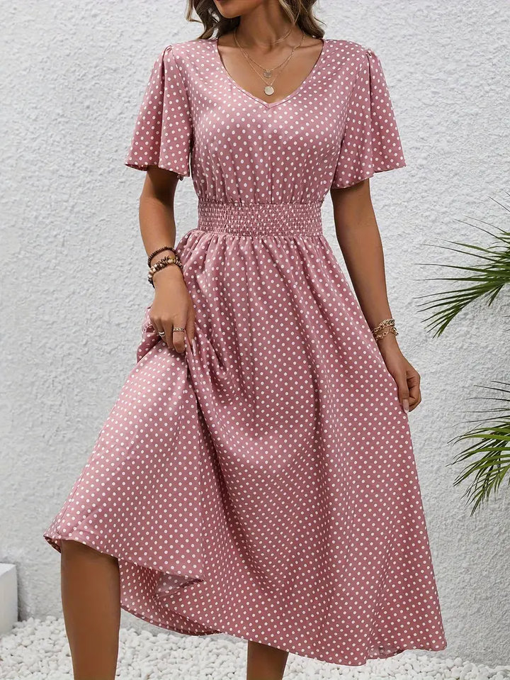 Carolina - Allover Print Shirred Waist Dress, Casual Jurk met Korte Mouwen