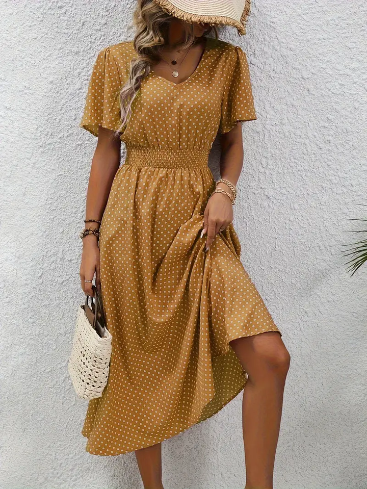 Carolina - Allover Print Shirred Waist Dress, Casual Jurk met Korte Mouwen