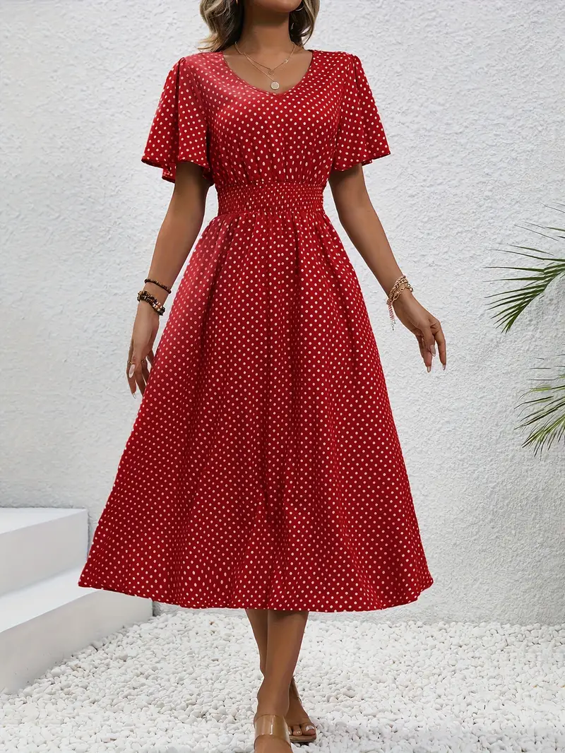 Carolina - Allover Print Shirred Waist Dress, Casual Jurk met Korte Mouwen
