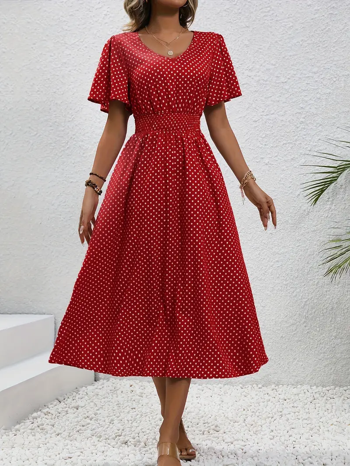 Carolina - Allover Print Shirred Waist Dress, Casual Jurk met Korte Mouwen