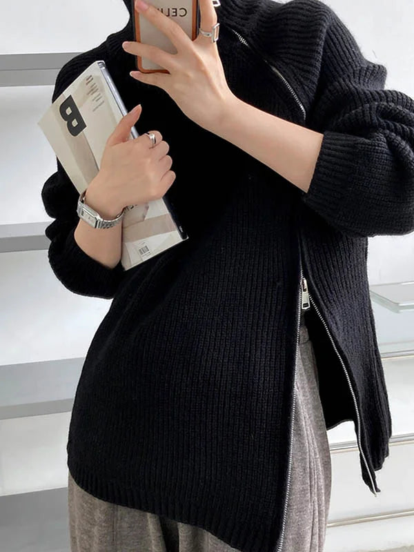 Vrouwen Zipper Hoge Hals Trui met Lange Mouwen en Loose Fit