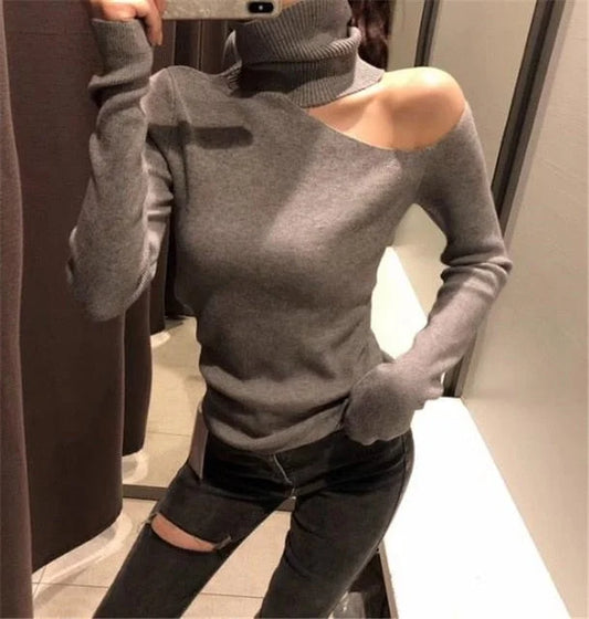 Stijlvolle Gebreide Trui met Ontblote Schouders voor Vrouwen – Lange Mouw Turtleneck Pullover