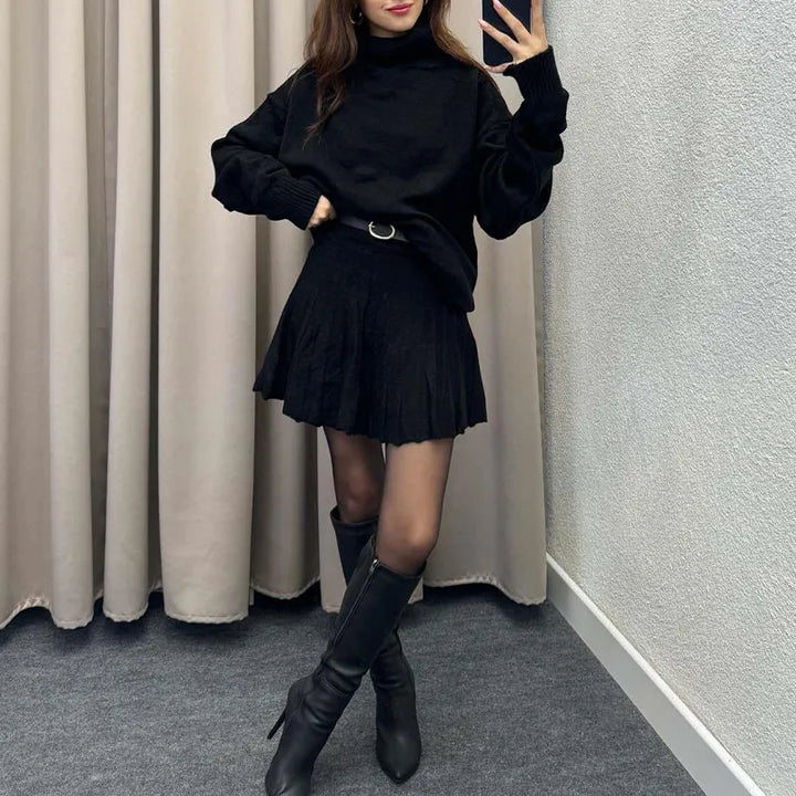 Dames Oversized Rok en Hohe Kraag Trui Set - Zachte Mode voor Casual Gelegenheden