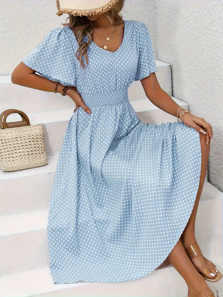 Carolina - Allover Print Shirred Waist Dress, Casual Jurk met Korte Mouwen